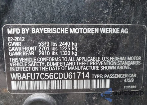 2012 BMW 535I xDrive from USA, damaged, VIN WBAFU7C56CDU61714